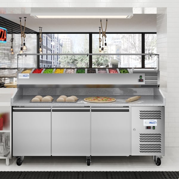 Koolmore 79 in. Three-Door Refrigerated Granite Top Pizza Prep Station w/ Refrigerated Condiment Pan Holder - KM-RPCPS-2D79-GRT