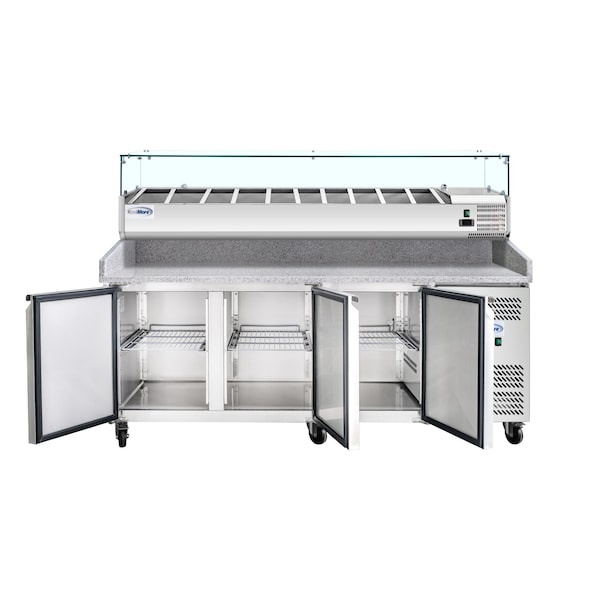 Koolmore 79 in. Three-Door Refrigerated Granite Top Pizza Prep Station w/ Refrigerated Condiment Pan Holder - KM-RPCPS-2D79-GRT