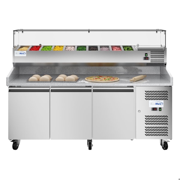 Koolmore 79 in. Three-Door Refrigerated Granite Top Pizza Prep Station w/ Refrigerated Condiment Pan Holder - KM-RPCPS-2D79-GRT