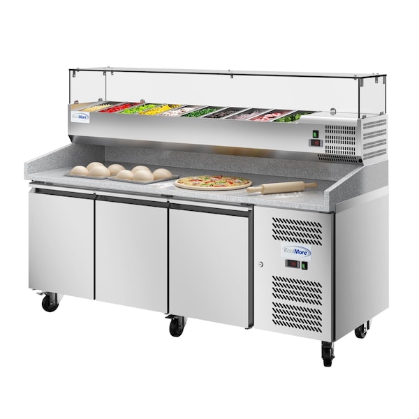 Koolmore 79 in. Three-Door Refrigerated Granite Top Pizza Prep Station w/ Refrigerated Condiment Pan Holder - KM-RPCPS-2D79-GRT