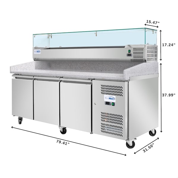 Koolmore 79 in. Three-Door Refrigerated Granite Top Pizza Prep Station w/ Refrigerated Condiment Pan Holder - KM-RPCPS-2D79-GRT