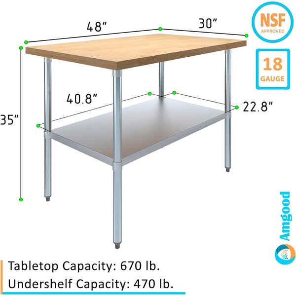 Amgood 30 in. x 48 in. Maple Wood Top Work Table with Adjustable Undershelf - MWWT-3048-Z