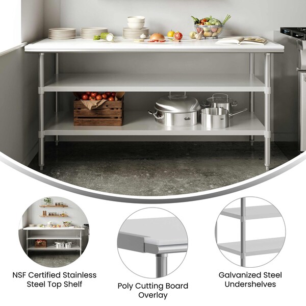 Flash Furniture Reader Work Table, 18 Gauge Stainless Steel Top Shelf w/Poly Cutting Board and 2 Undershelves - NH-WT-GU-3072-POLYTOP-GG