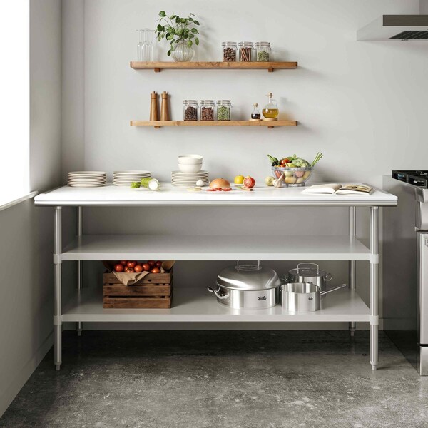 Flash Furniture Reader Work Table, 18 Gauge Stainless Steel Top Shelf w/Poly Cutting Board and 2 Undershelves - NH-WT-GU-3072-POLYTOP-GG