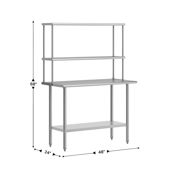 Flash Furniture Rawcliffe Work Table, 18 Gauge Stainless Steel Top Shelf and Double Overshelves and Undershelf - NH-WT-2448-OSH-GG