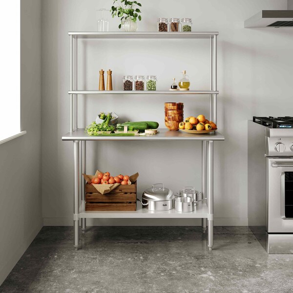 Flash Furniture Rawcliffe Work Table, 18 Gauge Stainless Steel Top Shelf and Double Overshelves and Undershelf - NH-WT-2448-OSH-GG