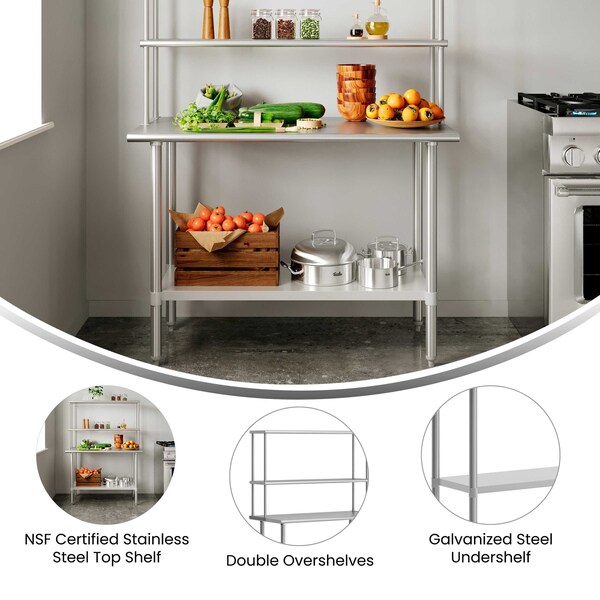 Flash Furniture Rawcliffe Work Table, 18 Gauge Stainless Steel Top Shelf and Double Overshelves and Undershelf - NH-WT-2448-OSH-GG