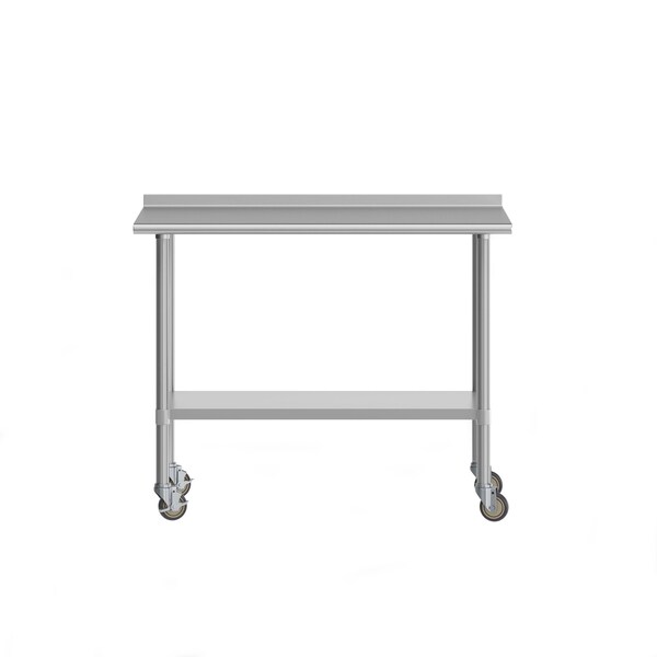 Flash Furniture Rawcliffe SS 18Ga Work Table w/1.5in. Backsplash, Undershelf and 2 Locking Casters, 48 x 24 x 36 - NH-WT-2448BSP-CAS-GG