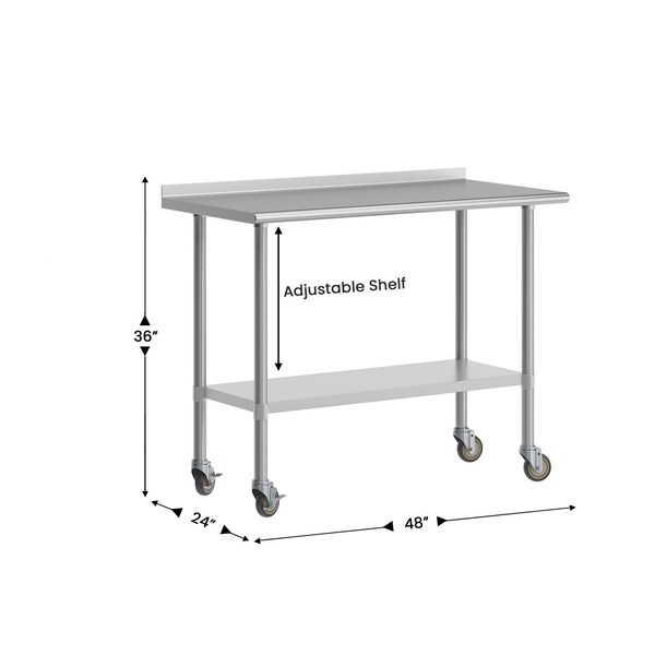 Flash Furniture Rawcliffe SS 18Ga Work Table w/1.5in. Backsplash, Undershelf and 2 Locking Casters, 48 x 24 x 36 - NH-WT-2448BSP-CAS-GG
