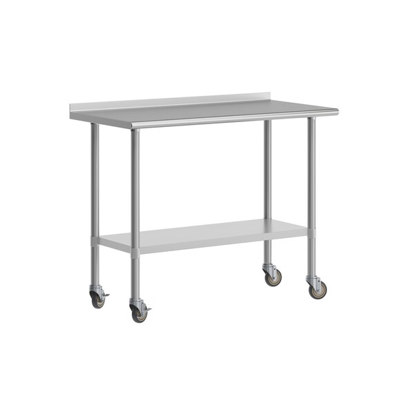 Flash Furniture Rawcliffe SS 18Ga Work Table w/1.5in. Backsplash, Undershelf and 2 Locking Casters, 48 x 24 x 36 - NH-WT-2448BSP-CAS-GG