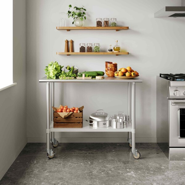 Flash Furniture Rawcliffe SS 18Ga Work Table w/1.5in. Backsplash, Undershelf and 2 Locking Casters, 48 x 24 x 36 - NH-WT-2448BSP-CAS-GG