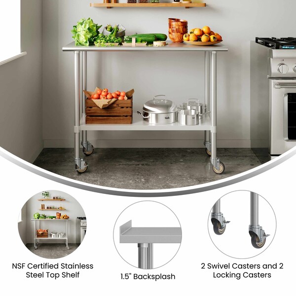 Flash Furniture Rawcliffe SS 18Ga Work Table w/1.5in. Backsplash, Undershelf and 2 Locking Casters, 48 x 24 x 36 - NH-WT-2448BSP-CAS-GG