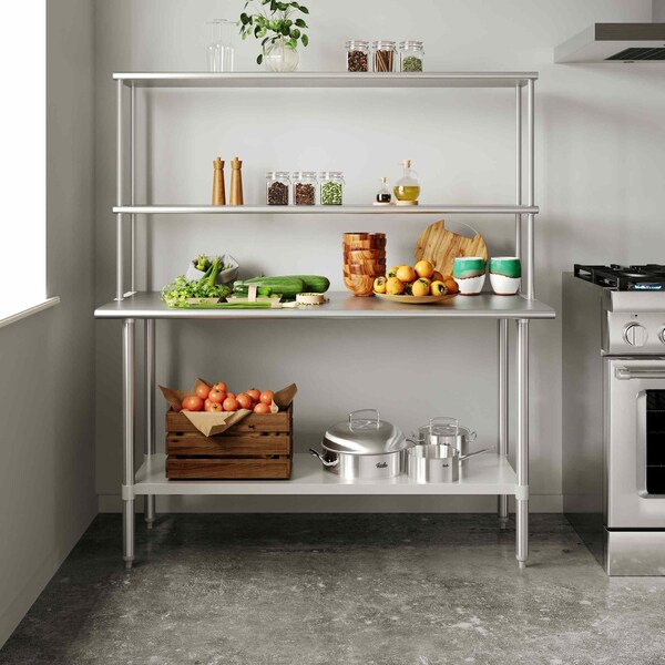 Flash Furniture Reese Work Table, 18 Gauge Stainless Steel Top Shelf and Double Overshelves and Undershelf - NH-WT-2460-OSH-GG