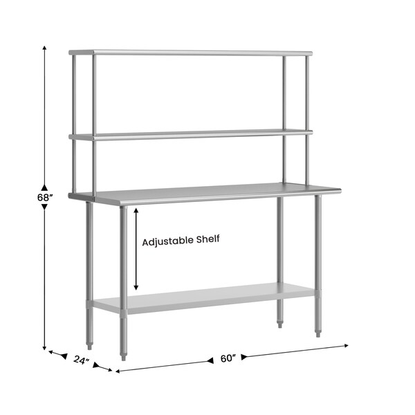 Flash Furniture Reese Work Table, 18 Gauge Stainless Steel Top Shelf and Double Overshelves and Undershelf - NH-WT-2460-OSH-GG