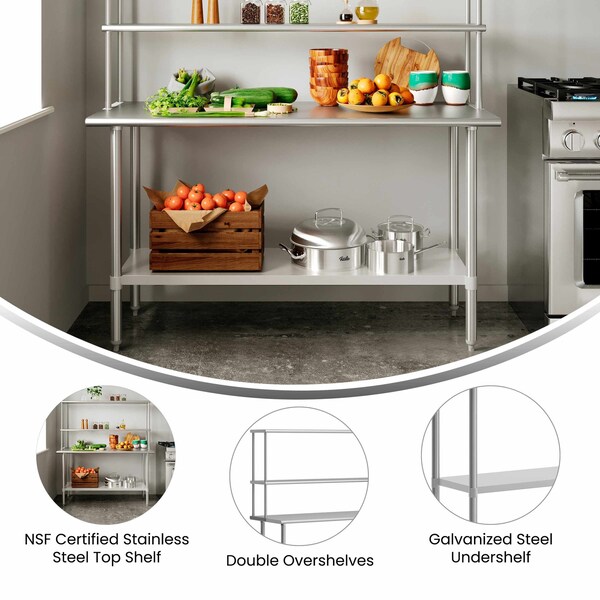 Flash Furniture Reese Work Table, 18 Gauge Stainless Steel Top Shelf and Double Overshelves and Undershelf - NH-WT-2460-OSH-GG