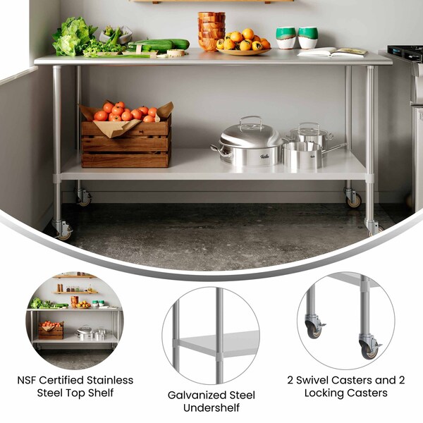 Flash Furniture Reader Work Table, 18 Gauge Stainless Steel Top Shelf, Undershelf and 4 Casters w/2 Locking - NH-WT-3072-CAS-GG