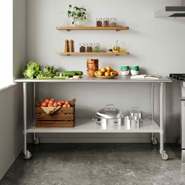 Flash Furniture Reader Work Table, 18 Gauge Stainless Steel Top Shelf, Undershelf and 4 Casters w/2 Locking - NH-WT-3072-CAS-GG