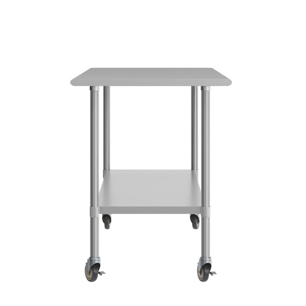 Flash Furniture Reader Work Table, 18 Gauge Stainless Steel Top Shelf, Undershelf and 4 Casters w/2 Locking - NH-WT-3072-CAS-GG