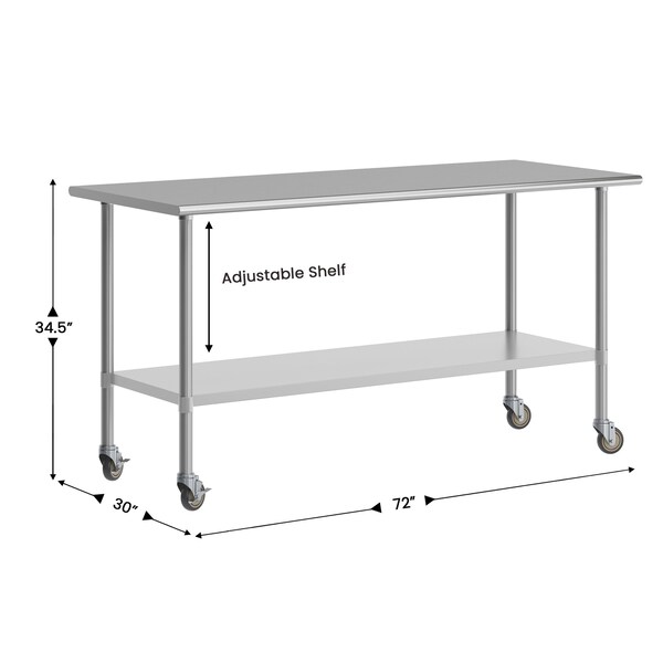 Flash Furniture Reader Work Table, 18 Gauge Stainless Steel Top Shelf, Undershelf and 4 Casters w/2 Locking - NH-WT-3072-CAS-GG