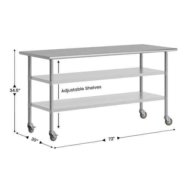 Flash Furniture Reader SS Work Table 30in. x 72in. w/2 Undershelves and 4 Casters, Heavy Duty Food Prep Worktable - NH-WT-GU-3072-CAS-GG