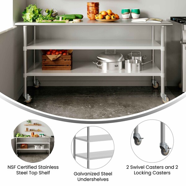 Flash Furniture Reader SS Work Table 30in. x 72in. w/2 Undershelves and 4 Casters, Heavy Duty Food Prep Worktable - NH-WT-GU-3072-CAS-GG