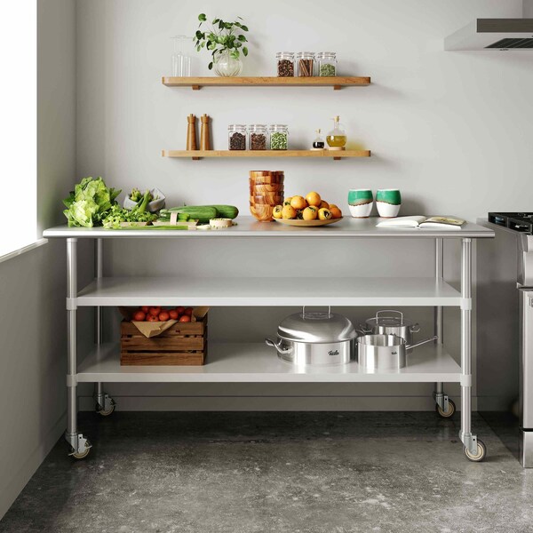 Flash Furniture Reader SS Work Table 30in. x 72in. w/2 Undershelves and 4 Casters, Heavy Duty Food Prep Worktable - NH-WT-GU-3072-CAS-GG
