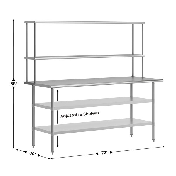 Flash Furniture Reader Work Table, 18 Gauge Stainless Steel Top Shelf and Double Overshelves and 2 Undershelves - NH-WT-GU-3072-OSH-GG