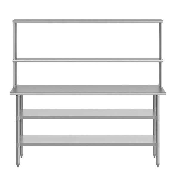 Flash Furniture Reader Work Table, 18 Gauge Stainless Steel Top Shelf and Double Overshelves and 2 Undershelves - NH-WT-GU-3072-OSH-GG