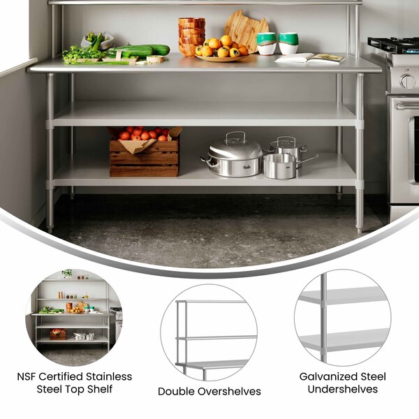 Flash Furniture Reader Work Table, 18 Gauge Stainless Steel Top Shelf and Double Overshelves and 2 Undershelves - NH-WT-GU-3072-OSH-GG