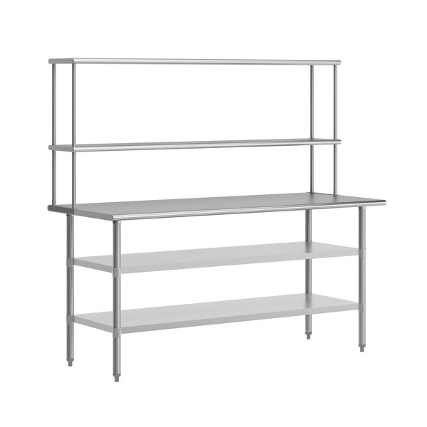 Flash Furniture Reader Work Table, 18 Gauge Stainless Steel Top Shelf and Double Overshelves and 2 Undershelves - NH-WT-GU-3072-OSH-GG