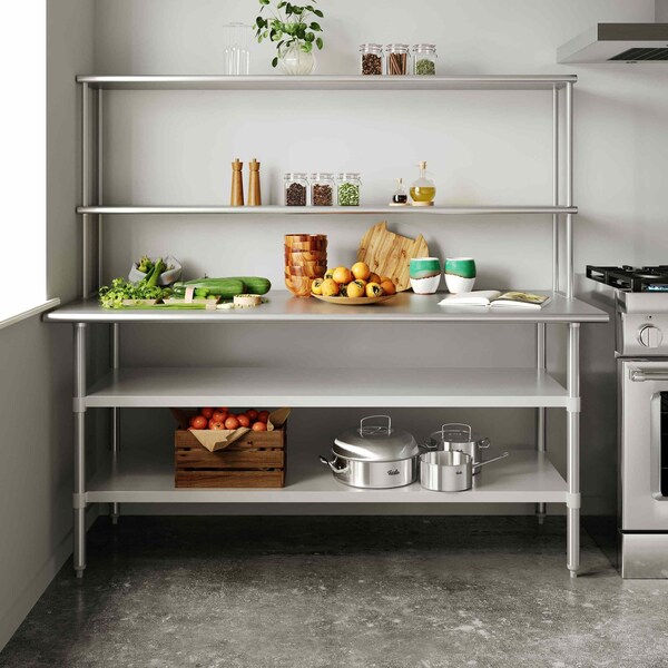 Flash Furniture Reader Work Table, 18 Gauge Stainless Steel Top Shelf and Double Overshelves and 2 Undershelves - NH-WT-GU-3072-OSH-GG