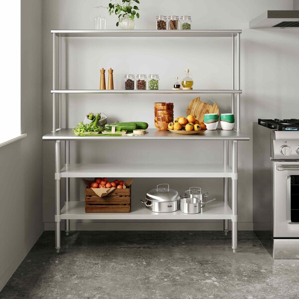 Flash Furniture Reese Work Table, 18 Gauge Stainless Steel Top Shelf and Double Overshelves, 2 Undershelves - NH-WT-GU-2460-OSH-GG