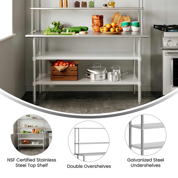 Flash Furniture Reese Work Table, 18 Gauge Stainless Steel Top Shelf and Double Overshelves, 2 Undershelves - NH-WT-GU-2460-OSH-GG
