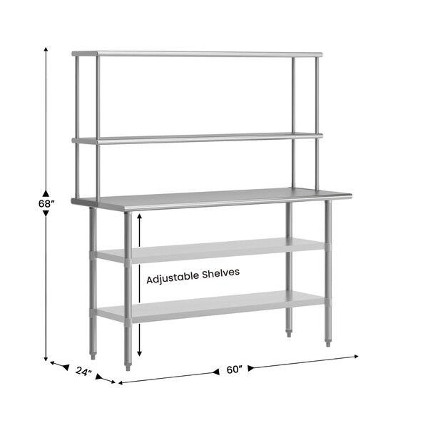Flash Furniture Reese Work Table, 18 Gauge Stainless Steel Top Shelf and Double Overshelves, 2 Undershelves - NH-WT-GU-2460-OSH-GG