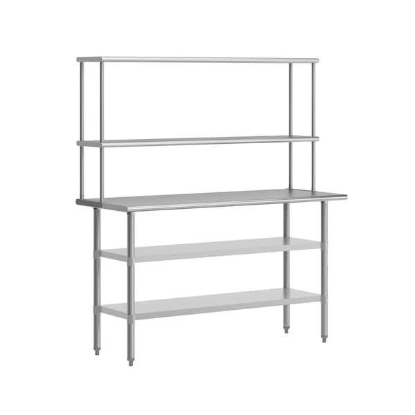 Flash Furniture Reese Work Table, 18 Gauge Stainless Steel Top Shelf and Double Overshelves, 2 Undershelves - NH-WT-GU-2460-OSH-GG