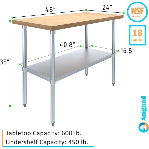 Amgood 24 in. x 48 in. Maple Wood Top Work Table with Adjustable Undershelf - MWWT-2448-Z