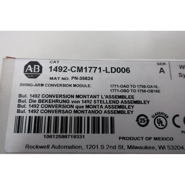 Módulo de conversión de brazo giratorio Allen Bradley SERIE A PLC Y DCS PARTES Y ACCESORIOS - 1492-CM1771-LD006
