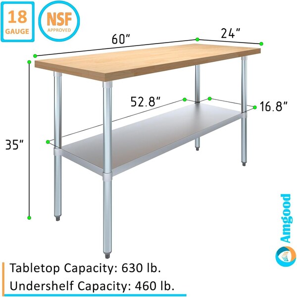 Amgood 24 in. x 60 in. Maple Wood Top Work Table with Adjustable Undershelf - MWWT-2460-Z