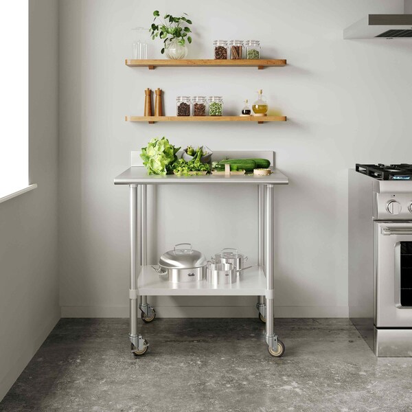 Flash Furniture Reese 30in. x 36in. Work Table, SS Top Shelf, 4in. Backsplash, Adjustable Undershelf, 4 Casters - NH-WT-3036-GG-B4-CAS-GG