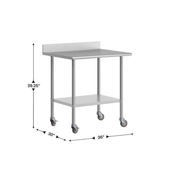 Flash Furniture Reese 30in. x 36in. Work Table, SS Top Shelf, 4in. Backsplash, Adjustable Undershelf, 4 Casters - NH-WT-3036-GG-B4-CAS-GG
