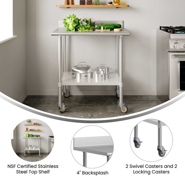 Flash Furniture Reese 30in. x 36in. Work Table, SS Top Shelf, 4in. Backsplash, Adjustable Undershelf, 4 Casters - NH-WT-3036-GG-B4-CAS-GG