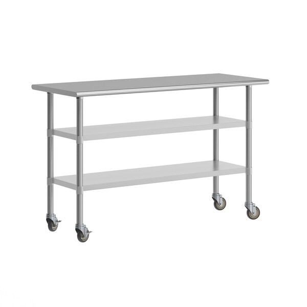 Flash Furniture Reese SS Work Table 24in. x 60in. w/2 Undershelves and 4 Casters, Heavy Duty Food Prep Worktable - NH-WT-GU-2460-CAS-GG