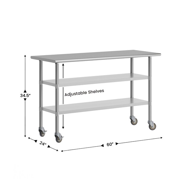 Flash Furniture Reese SS Work Table 24in. x 60in. w/2 Undershelves and 4 Casters, Heavy Duty Food Prep Worktable - NH-WT-GU-2460-CAS-GG