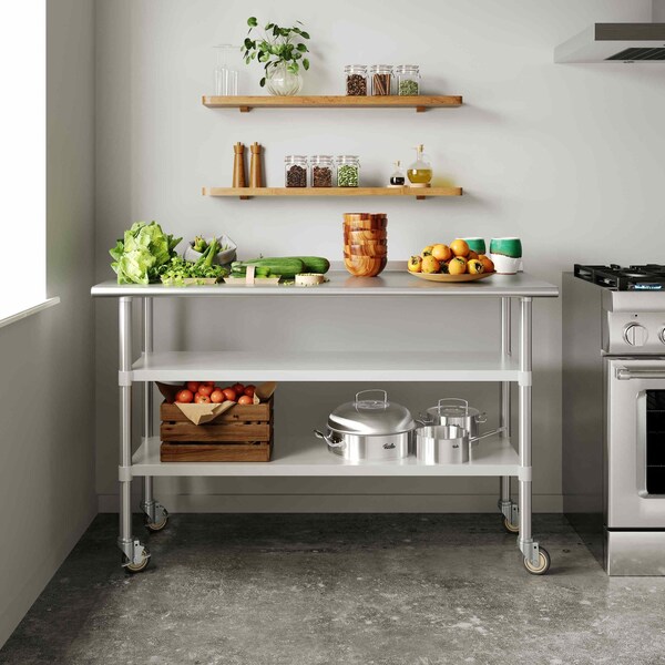 Flash Furniture Reese SS Work Table 24in. x 60in. w/2 Undershelves and 4 Casters, Heavy Duty Food Prep Worktable - NH-WT-GU-2460-CAS-GG
