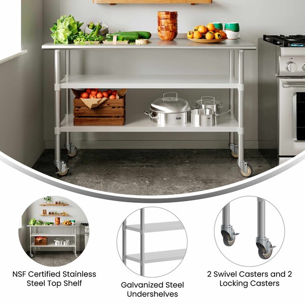 Flash Furniture Reese SS Work Table 24in. x 60in. w/2 Undershelves and 4 Casters, Heavy Duty Food Prep Worktable - NH-WT-GU-2460-CAS-GG