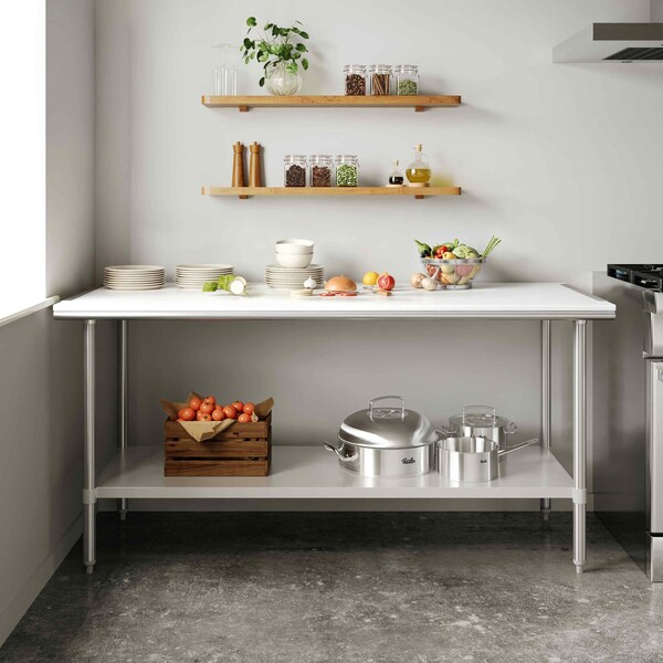 Flash Furniture Reader Work Table, 18 Gauge Stainless Steel Top Shelf w/Poly Cutting Board and Undershelf - NH-WT-3072-POLYTOP-GG