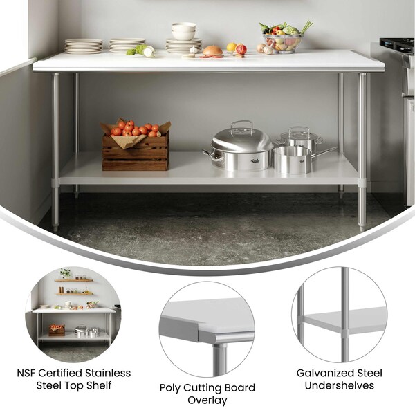 Flash Furniture Reader Work Table, 18 Gauge Stainless Steel Top Shelf w/Poly Cutting Board and Undershelf - NH-WT-3072-POLYTOP-GG
