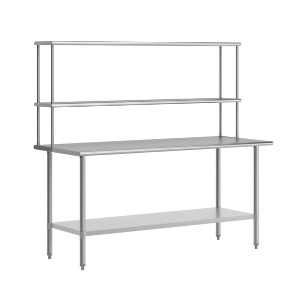 Flash Furniture Reader Work Table, 18 Gauge Stainless Steel Top Shelf and Double Overshelves and Undershelf - NH-WT-3072-OSH-GG