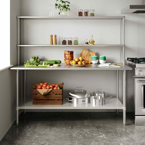 Flash Furniture Reader Work Table, 18 Gauge Stainless Steel Top Shelf and Double Overshelves and Undershelf - NH-WT-3072-OSH-GG