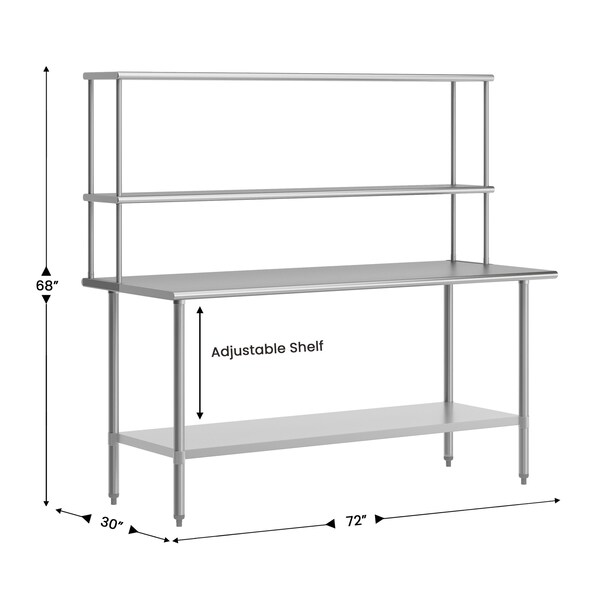 Flash Furniture Reader Work Table, 18 Gauge Stainless Steel Top Shelf and Double Overshelves and Undershelf - NH-WT-3072-OSH-GG